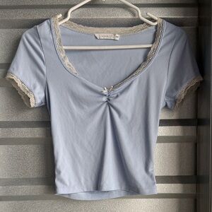 Lush Light Blue Lace Trim Crop Top